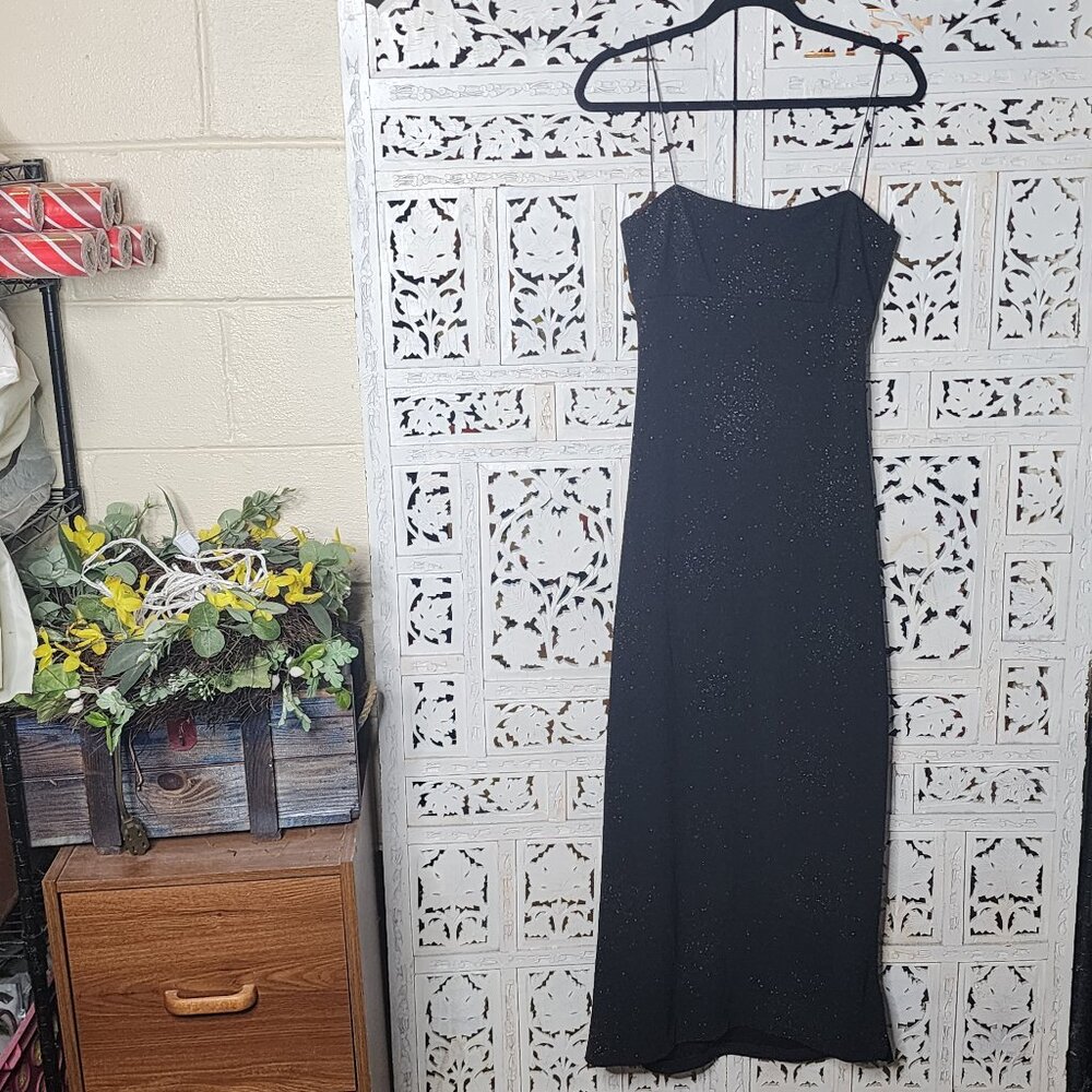 California Concept Black Sequin Sparkle Spaghetti Strap Open Back Poly Span Gown